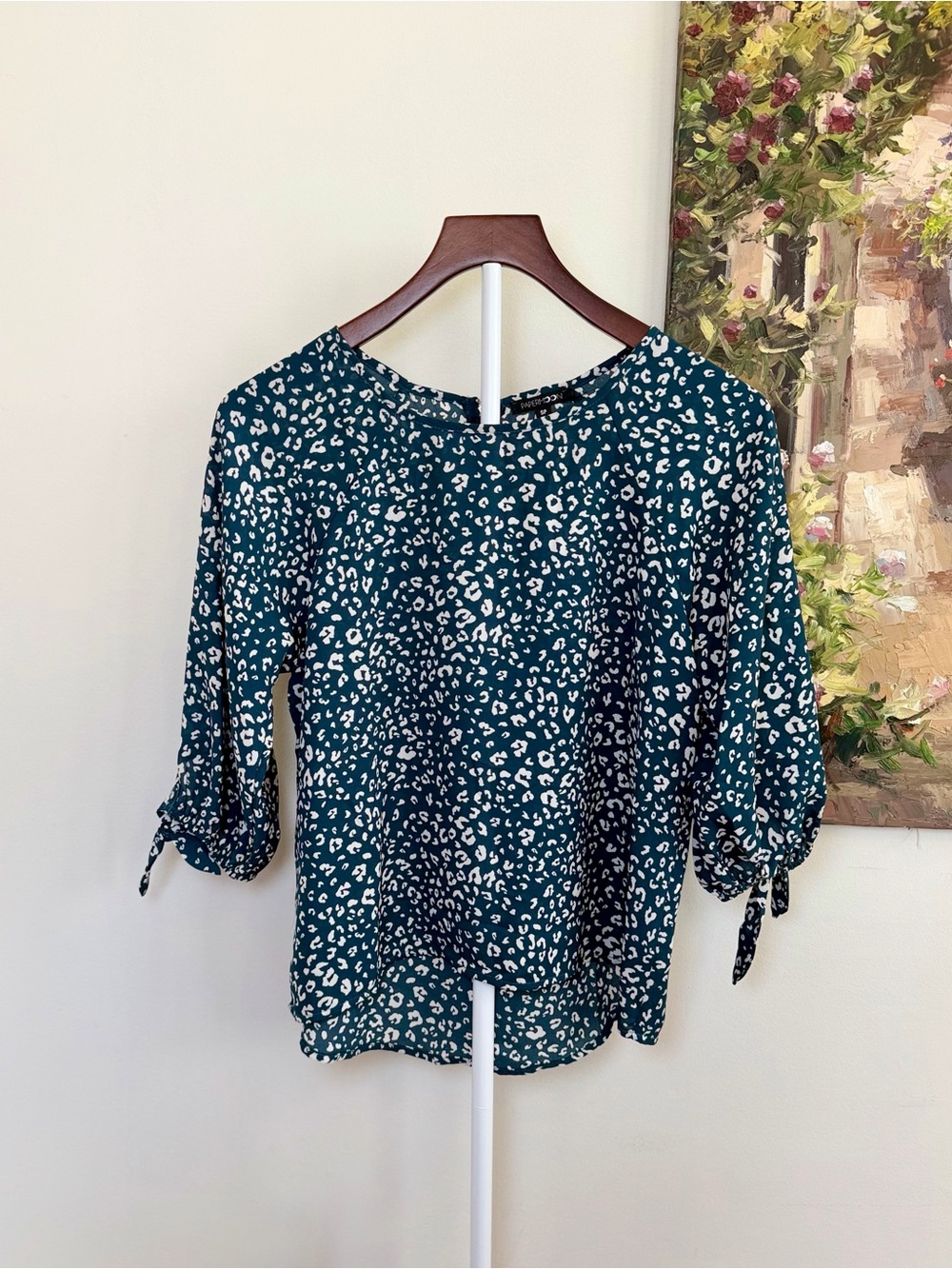 Papermoon Dark Green Leopard Print Blouse 3/4 Sleeve Tie Cuff Size SP